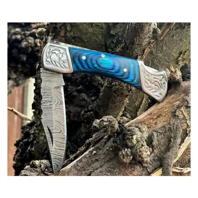 (Green) Handmade Blue Aztec Damascus Engraved Steel Pocket Folding Knife - - Best gift for Boyfr