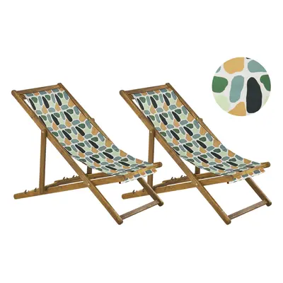 Set of Acacia Folding Deck Chairs and Replacement Fabrics Light Wood with Off-White / Multicolou