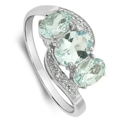 (O) Aquamarine and Diamond Ring White Gold Three Stone Engagement With Certificate