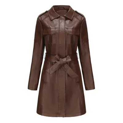 (coffee, M) Womens Fashion Lapel Double Breasted Lambskin Leather Mid Long Jacket Coat