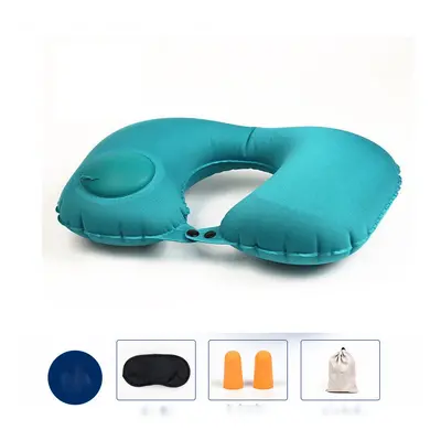 (Blue) Press-inflatable U-shaped Pillow Functional Air Travel Cushion Office Travel Pillow Creat