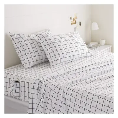 Amazon Basics Soft Microfiber 4-Piece Bed Sheet Set with Elastic Side Pockets, Full, Black Grid,