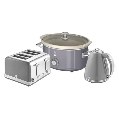 SWAN Retro Grey Jug Kettle Slice Toaster & 3.5L Slow Cooker Set