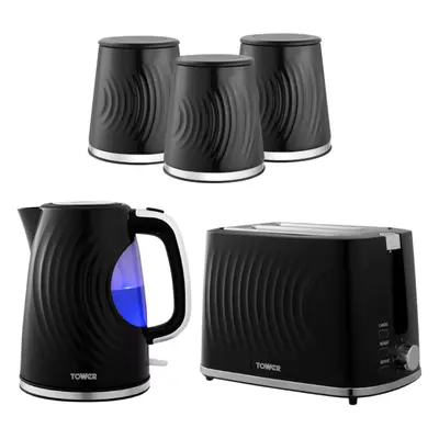 Tower Sonar Kettle, Slice Toaster & Canisters Kitchen Set (Black)