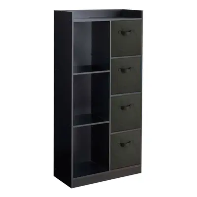 (Black, Black) Bookcase with Fabric Drawers | Cube Wooden Unit