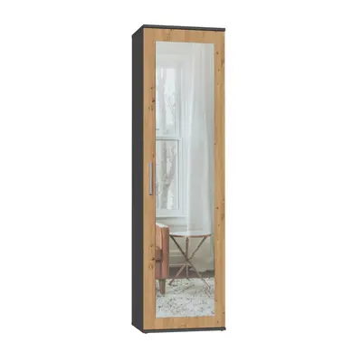 (Grey & Oak) ATARA - Hall cupboard with large mirror - 180x50x35 cm - shelves + hanging space - 