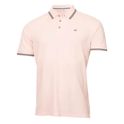 (L, Baby Pink Tipped) Calvin Klein Mens Campus Button Ribbed Collar Golf Polo Shirt