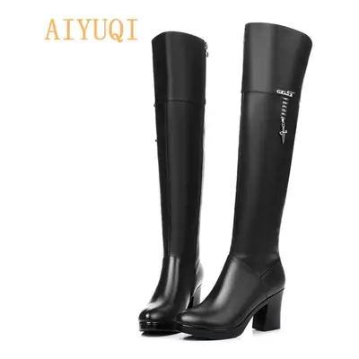 (black, 36) Women Genuine Leather Long Barrel Boots Winter Plus Velvet Knee Boots High-heeled Mo