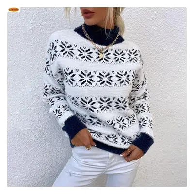 (navy blue, M) Zimoxuan New Winter Knit Sweater For Women Half Turtleneck Christmas Snowflake Pu