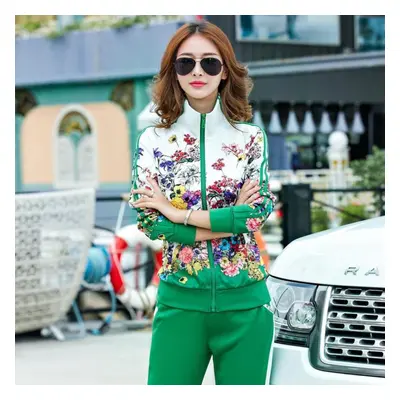 (green, XXL) Women Sportswear Casual Jogger Running Workout Set Flower Print Jacket Sweatshirt+s