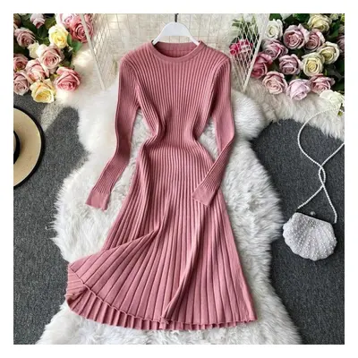 (pink, One Size) Vintage Women&apos;s Dress Solid Color O-neck Long Sleeve Knit Dresses Female H