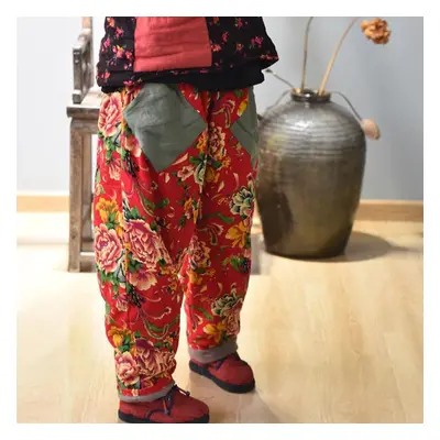 (red, One Size) Johnature Autumn Winter Cotton Linen Comfortable All-match Women Warm Pants