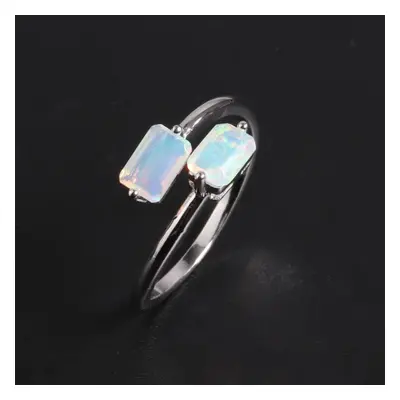 (white, M) Simple Light Luxury Design Natural Opal Stone Adjustable Sterling Silver Ring For Wom