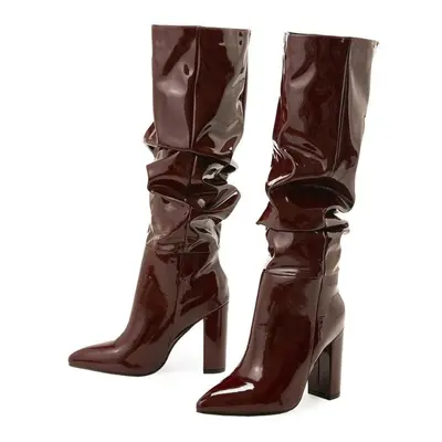 (brown, 39) Eilyken Sexy Street Designer Pointed Toe Knee-high Boot Woman Fashion Patent Leather