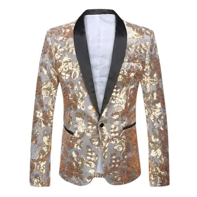 (gray,gold, XL) Pyjtrl Mens Fashion Golden Shiny Sequin Floral Pattern Suit Jacket Blazer