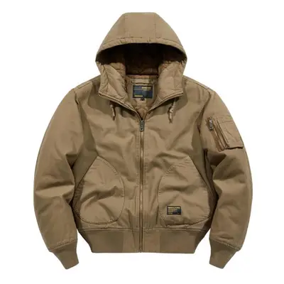 (khaki, L) Cotton Coat Men&apos;s Thickened Loose Large Vintage Casual Hooded Work Jacket Cotton