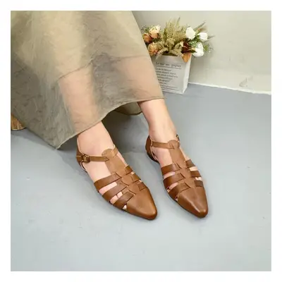 (coffee, 35) Johnature Women&apos;s Shoes Genuine Leather Pointed Toe Hollow-out Fashion Versati