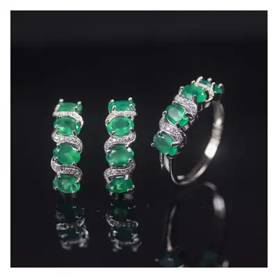 (green, us ring size 10#) Sterling Silver Natural Agate Jewelry Sets Kits Clasp Earrings Elegant