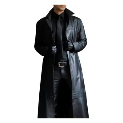 (black, XXL) God Temperament Solid Color Trench Style Men&apos;s Fashion Slim Long Leather Jacke