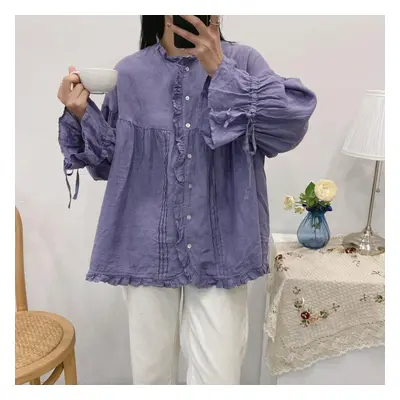 (purple, One Size) Johnature Ruffles Linen Lace-up Women Shirts Tops Spring Summer Vintage Mori 