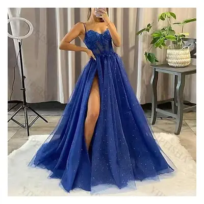 (blue, L) New Arrival Prom Party Dresses Vestido De Festa Blue Neck Dress Elegant Style Lace Ele