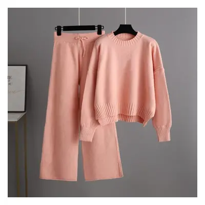 (pink, OneSize) Autumn Winter Causal Knitted Pullover Suit Pants Women Loose Sweater Wide Leg Pa