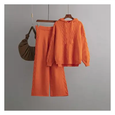 (orange, OneSize) Women Autumn Hooded Neck Solid Color Knitwear Wide Leg Pants Two Piece Set