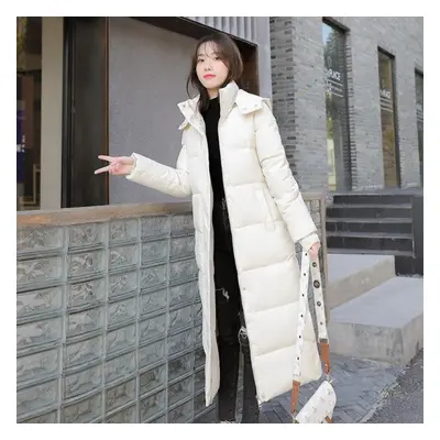 (beige, M) Women X-long Winter Down Jacket With Detachable Hood Side Split Windproof Warm Oversi