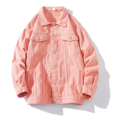 (pink, XL) Men&apos;s Denim Jacket Fashion Hole Retro Motorcyle Basic Coat Men Streetwear Bomber