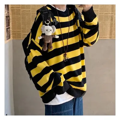 (black,yellow, M) New Autumn Winter Casual Loose Sweater Pullovers Striped Jumper Warm Sweaters