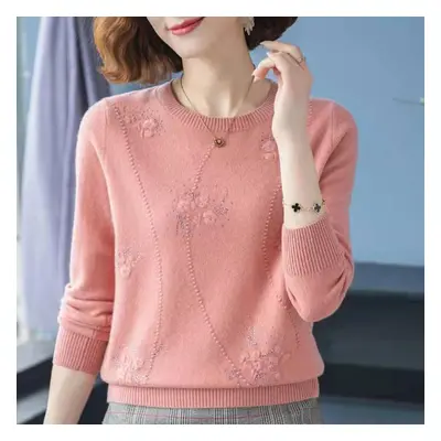 (light pink, 3XL) Spring Short Sweater Loose Women&apos;s Jacquard Solid Color Knitted Pullover 