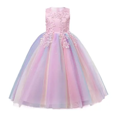 (pink, 120) Girls Luxury Rainbow Tulle Lace Flower Bridesmaid Wedding Party Dresses Children Col