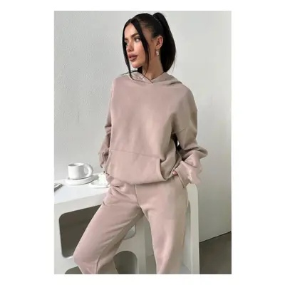 (light pink, XXL) Women&apos;s Solid Color Sweatshirt Set Autumn And Winter Long-sleeved Hooded 