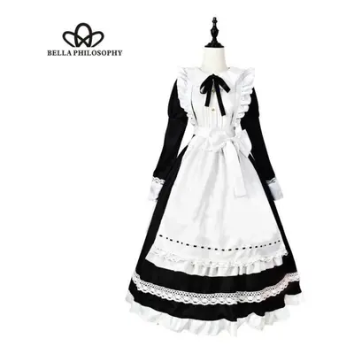 (beige, 5XL) Traditional Maid Long Dress Long Sleeve Maid Dress Black Cute Lolita Costume Cospla