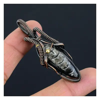 (black, 2.48 Inches) Orthoceras Fossil Gemstone Pure Copper Wire Wrapped Handmade Pendant Jewelr