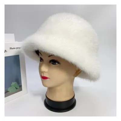 (white, head size 55-62cm) Women&apos;s Winter Hat Luxury Mink Cap Solid Fashion Bucket Domo Hat