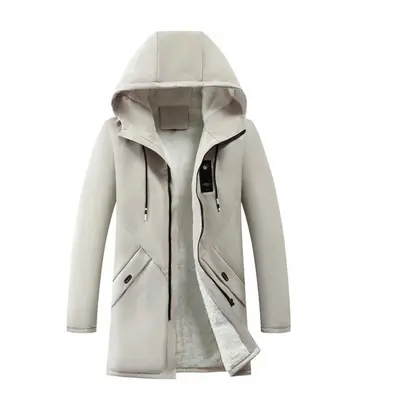 (light khaki, XXXXL) Large Size Men&apos;s Autumn And Winter Long Windbreaker Coat Hooded Thicke