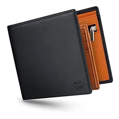 Mens Genuine Leather Wallet, Slim Bifold RFID Blocking Soft and Durable with Zipper Coin Pocket,