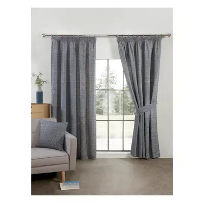 (Navy, 46x72") Sundour Aztec Pencil Pleat Curtains Fully Lined Ready Made Curtain Pair Drapes