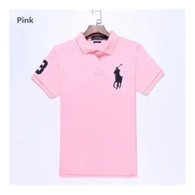 (Pink, S) Men's Custom Fit Polo Shirt Cotton Short Sleeve Large Pony Polo Top