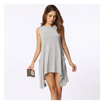 (Grey, 2XL) Women Summer Sleeveless Pockets Tunic Tank Tops Asymmetrical Hem Flowy Swing T Shirt