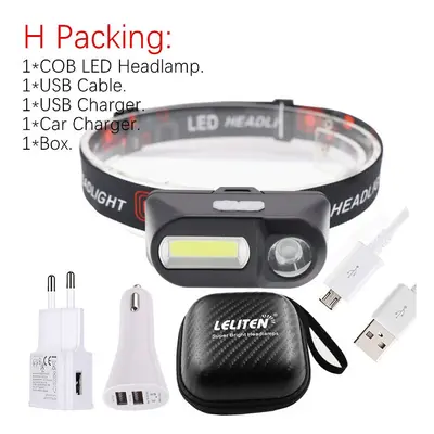 (H Packing, No Battery) Portable mini XPE+COB LED Headlamp USB Rechargeable Camping Head lamp Fi