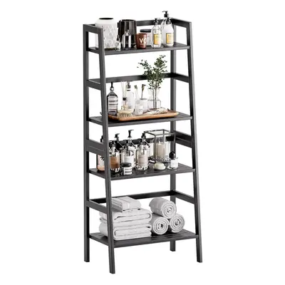 (Black) Black Bookshelf, 4-Tier Ladder Shelf, Freestanding Leaning Bookcase with Bamboo Shelves