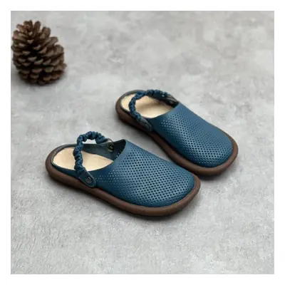 (blue, 39) Johnature Handmade Genuine Leather Round Toe Sandals Women Soft Sole Flat Slippers Ho