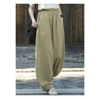 (khaki, M) Johnature Women Vintage Bloomers Pants Solid Color Patchwork Elastic Waist Spring Tro