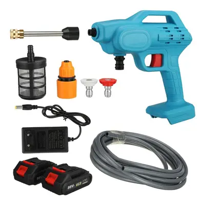 (blue, 2battery) 1500w Cordless Water Gun High Pressure Car Washer Portable Spray Water Nozzle C