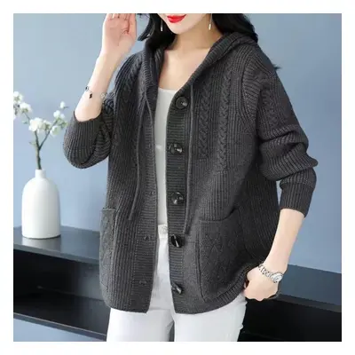 (grey, XXL) Thick Knitted Hooded Cardigan For Middle-aged And Elderly Women In Short Length