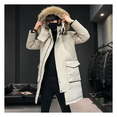 (beige, M) Winter Long Down Jacket Detachable Hat Large Wool Collar Men&apos;s Down Jacket Knee 