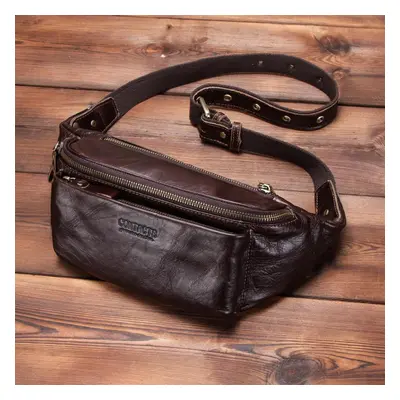 (coffee) Contact&apos;s Genuine Leather Men Waist Bag Crossbody Bag Vintage Travel Fanny Pack Ma