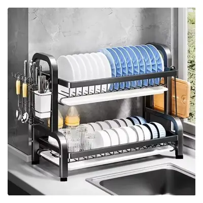 (black) Dish Drying Rack 2-tier Compact Kitchen Dish Rack Drainboard Set Large Rust-proof Dish D